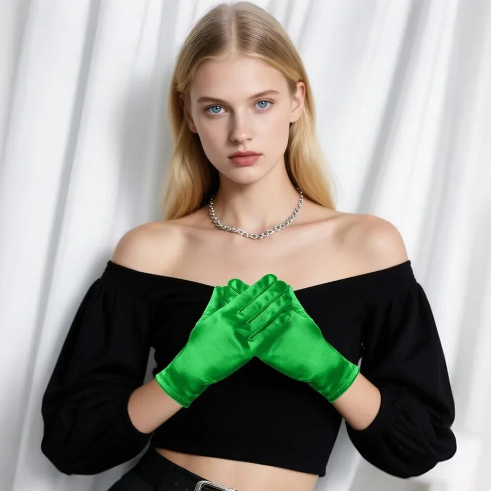 Women's Formal Short Green Satin Gloves Bridal Wedding Banquet Party Costume